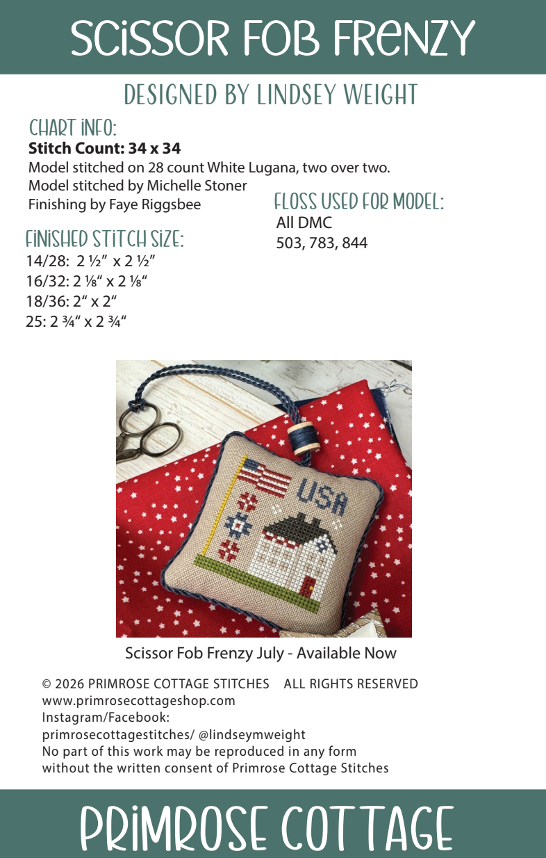 Scissor Fob Frenzy: August Cross Stitch by Lindsey Weight of Primrose Cottage - PDF Pattern