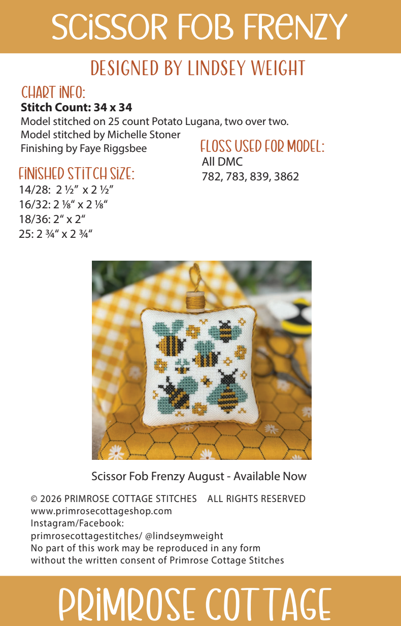 Scissor Fob Frenzy: September Cross Stitch by Lindsey Weight of Primrose Cottage - PDF Pattern