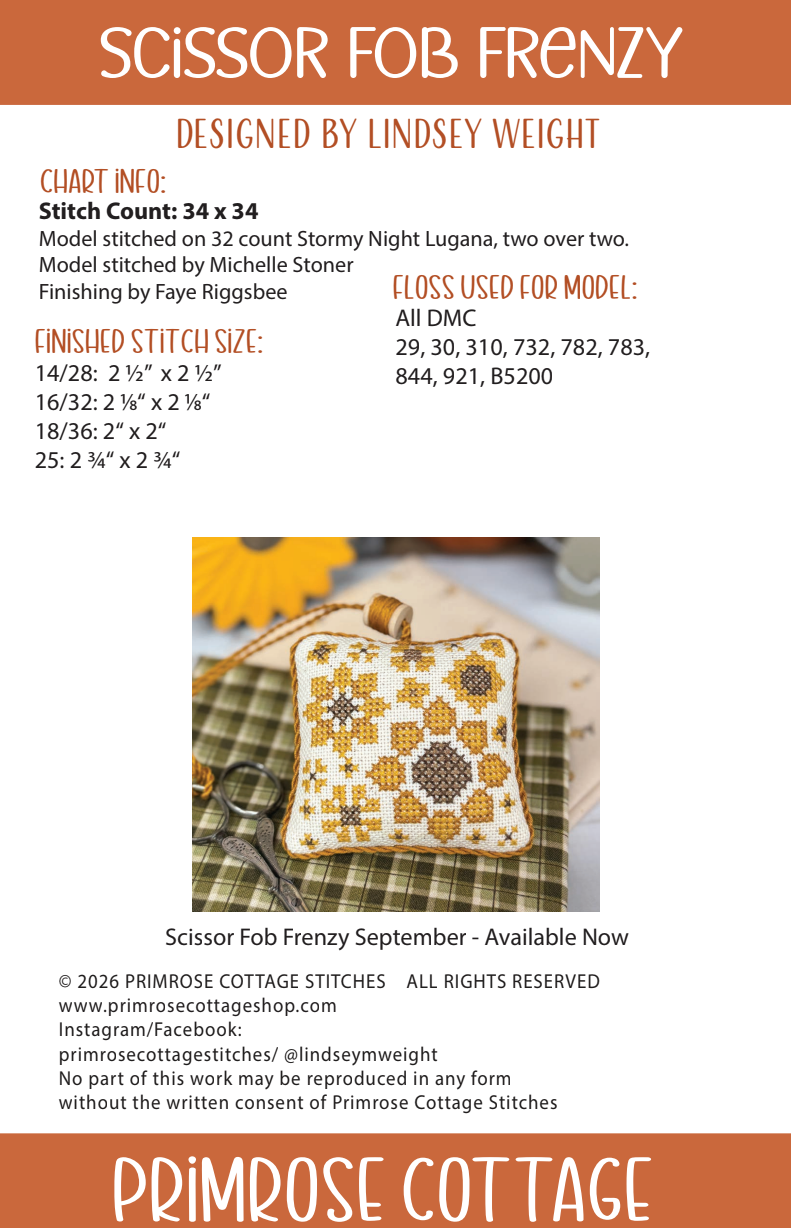 Scissor Fob Frenzy: October Cross Stitch by Lindsey Weight of Primrose Cottage - PDF Pattern
