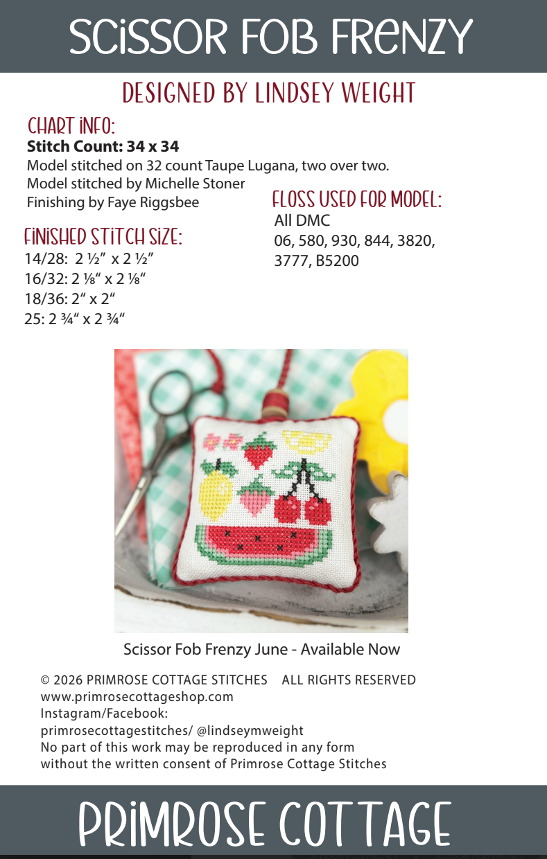 Scissor Fob Frenzy: July Cross Stitch by Lindsey Weight of Primrose Cottage - PDF Pattern
