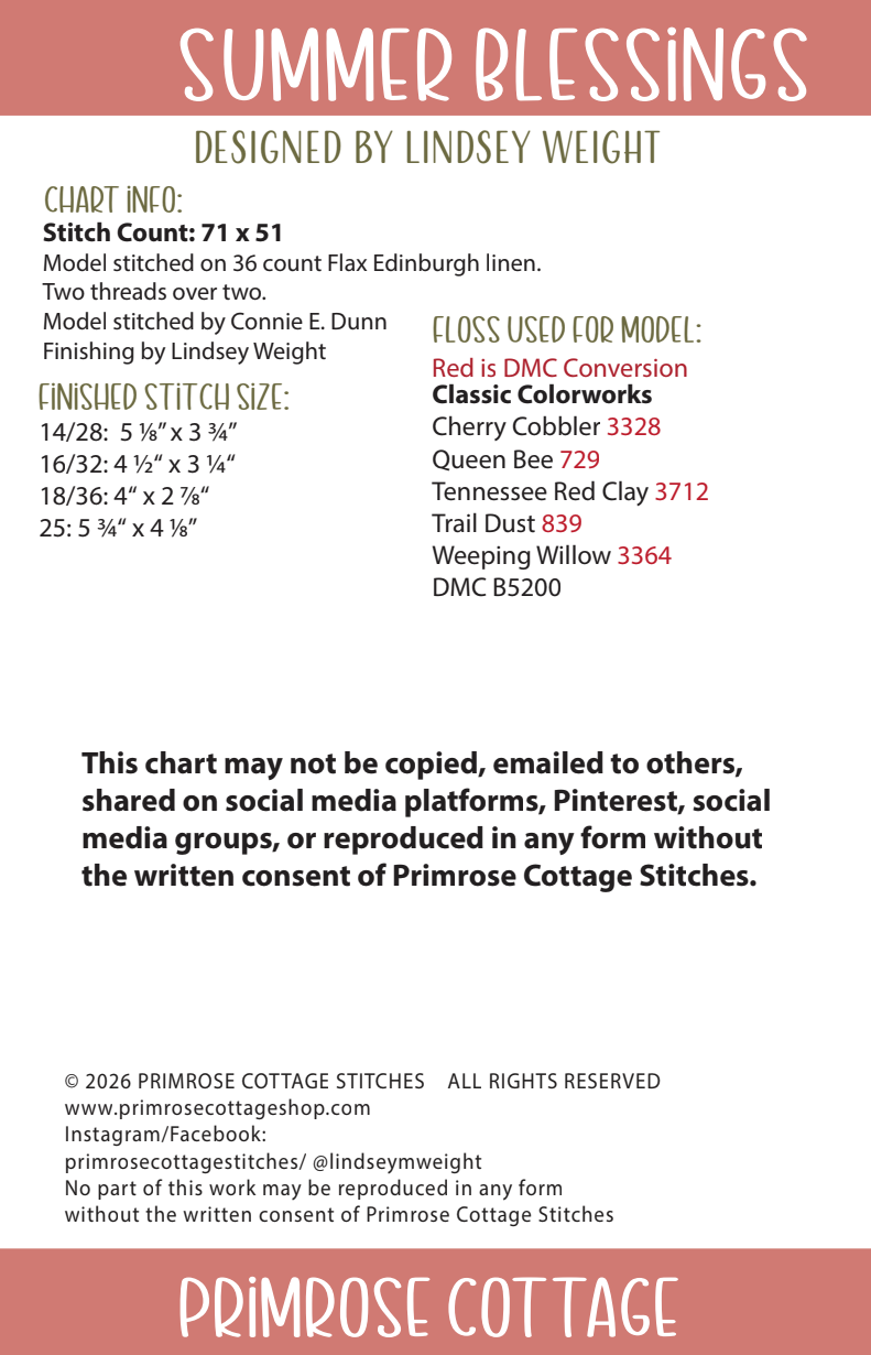 Summer Blessings Cross Stitch by Lindsey Weight of Primrose Cottage - PDF Pattern