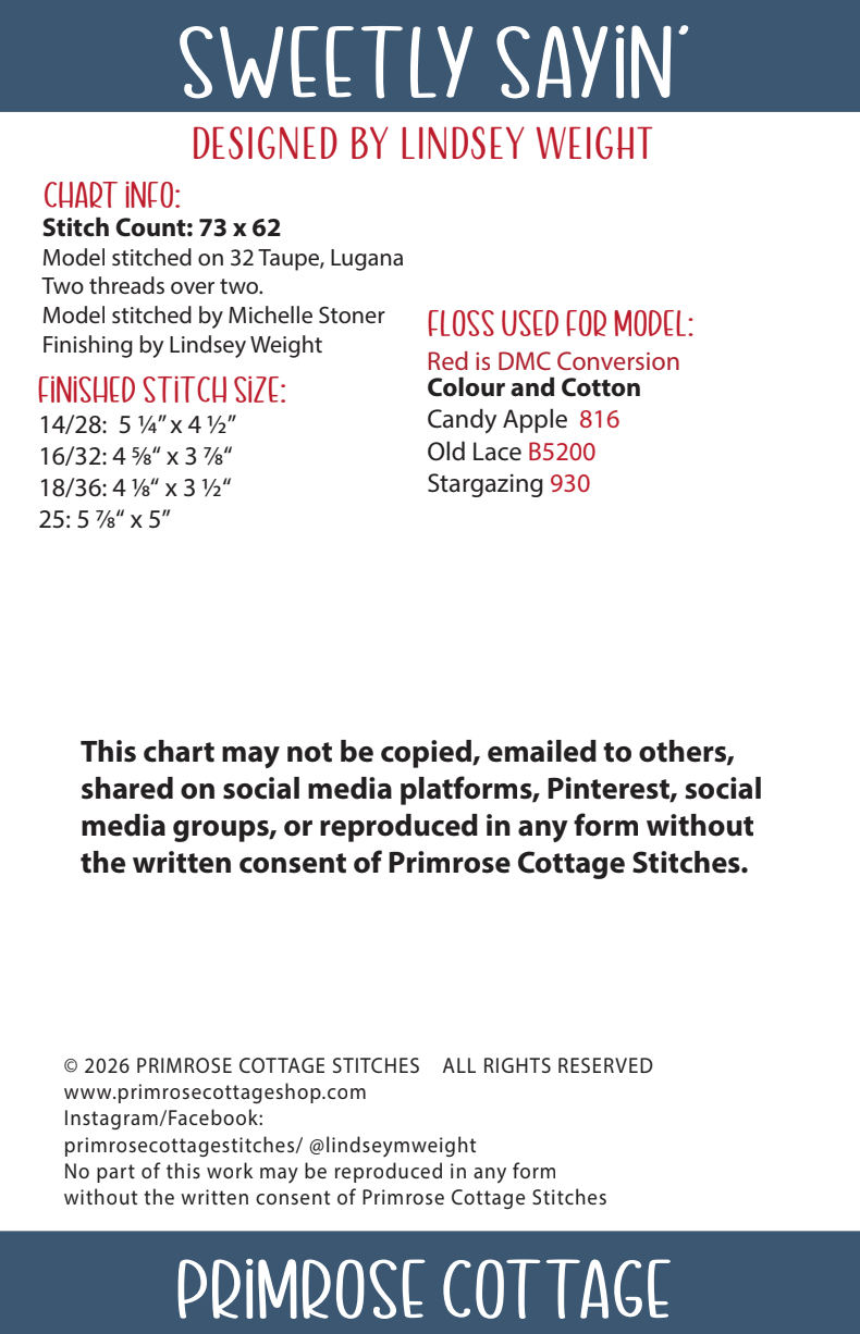 Sweetly Sayin': Patriotic Cross Stitch by Lindsey Weight of Primrose Cottage - PDF Pattern