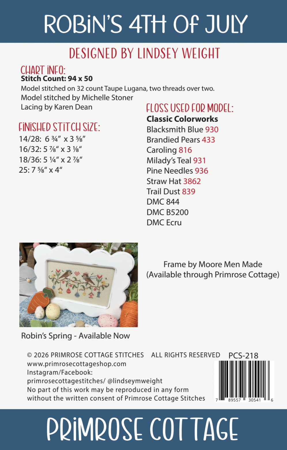 Robin's 4th of July Cross Stitch by Lindsey Weight of Primrose Cottage - PAPER Pattern