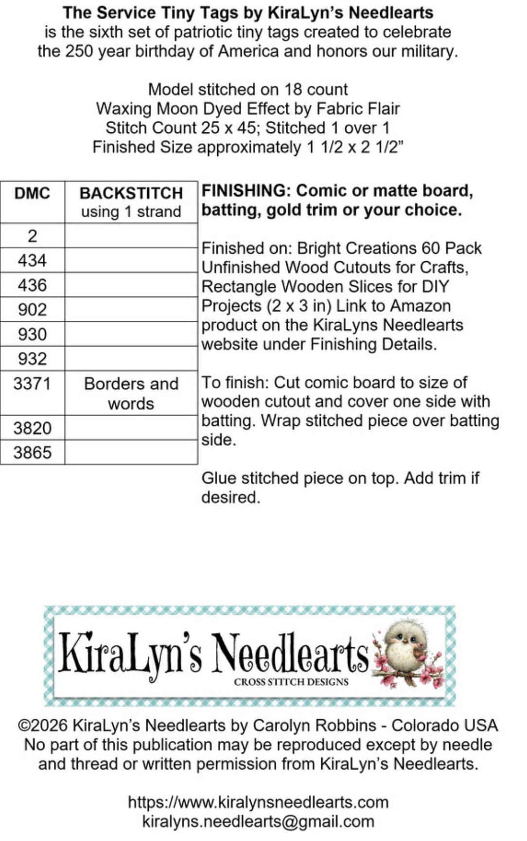 Service Tiny Tags Cross Stitch by Kiralyn's Needlearts - PAPER Pattern