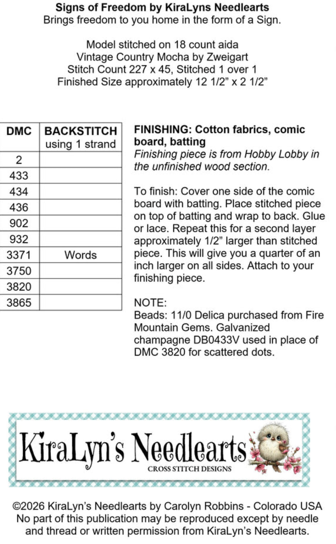 Signs of Freedom Cross Stitch by KiraLyn's Needlearts - Paper Pattern