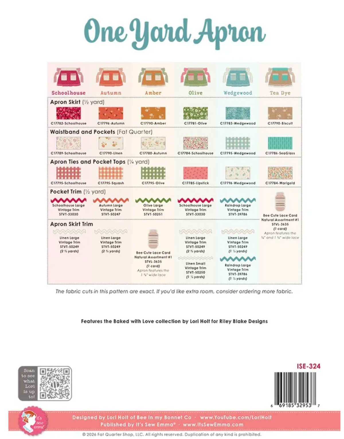 One-Yard Apron Quilt Pattern by Lori Holt of Bee in my Bonnet - Paper Pattern