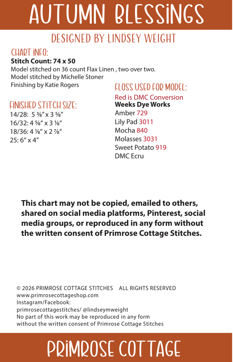Autumn Blessings Cross Stitch by Lindsey Weight of Primrose Cottage - PDF Pattern