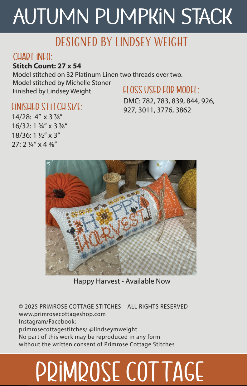 Autumn Pumpkin Stack Cross Stitch by Lindsey Weight of Primrose Cottage - PDF Pattern