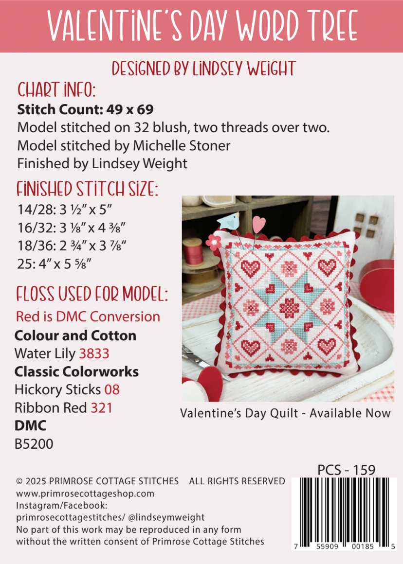 Valentine&#39;s Day Word Tree Cross Stitch by Lindsey Weight of Primrose Cottage - PAPER Pattern