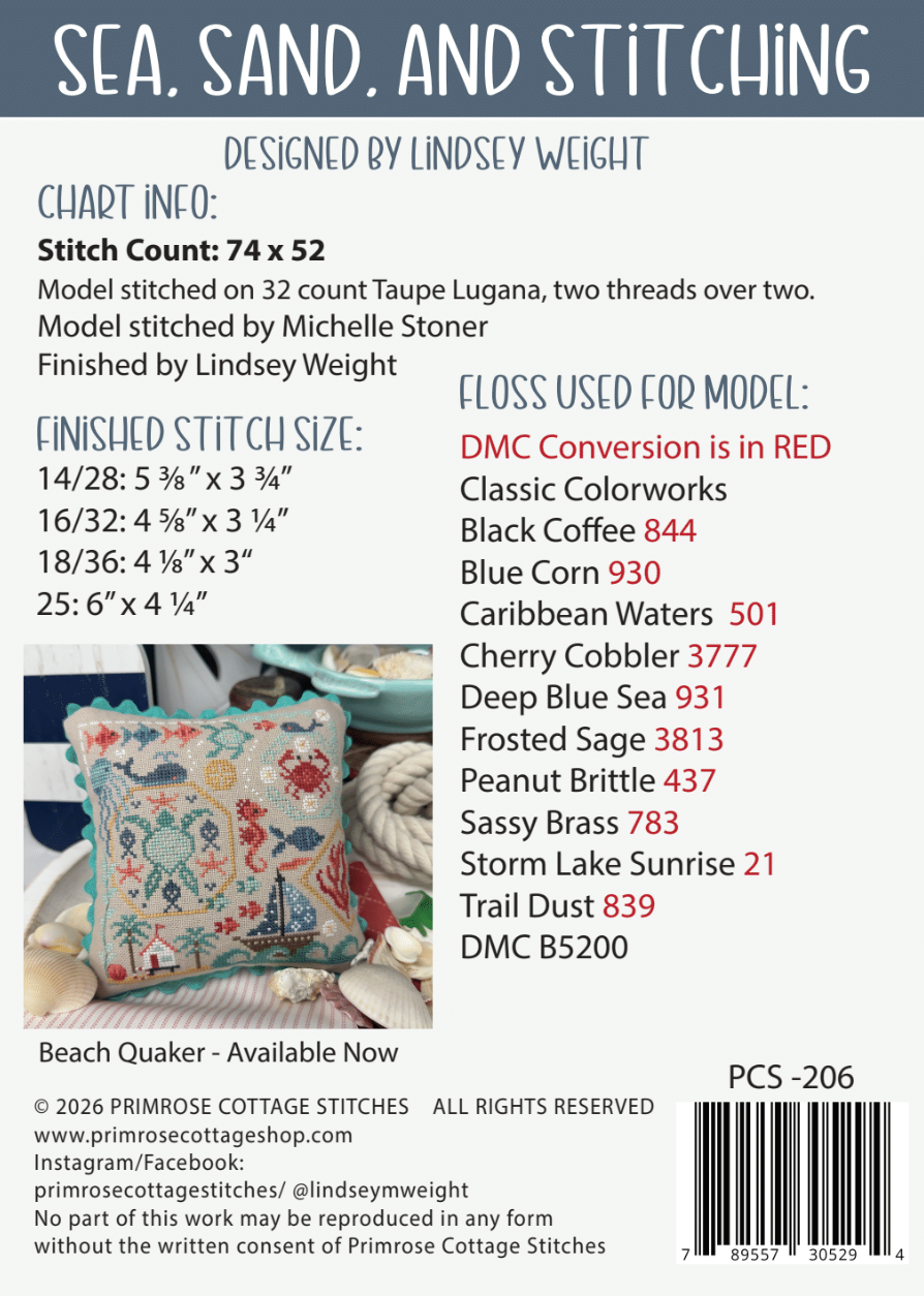 Sea, Sand, and Stitching Cross Stitch by Lindsey Weight of Primrose Cottage - PAPER Pattern