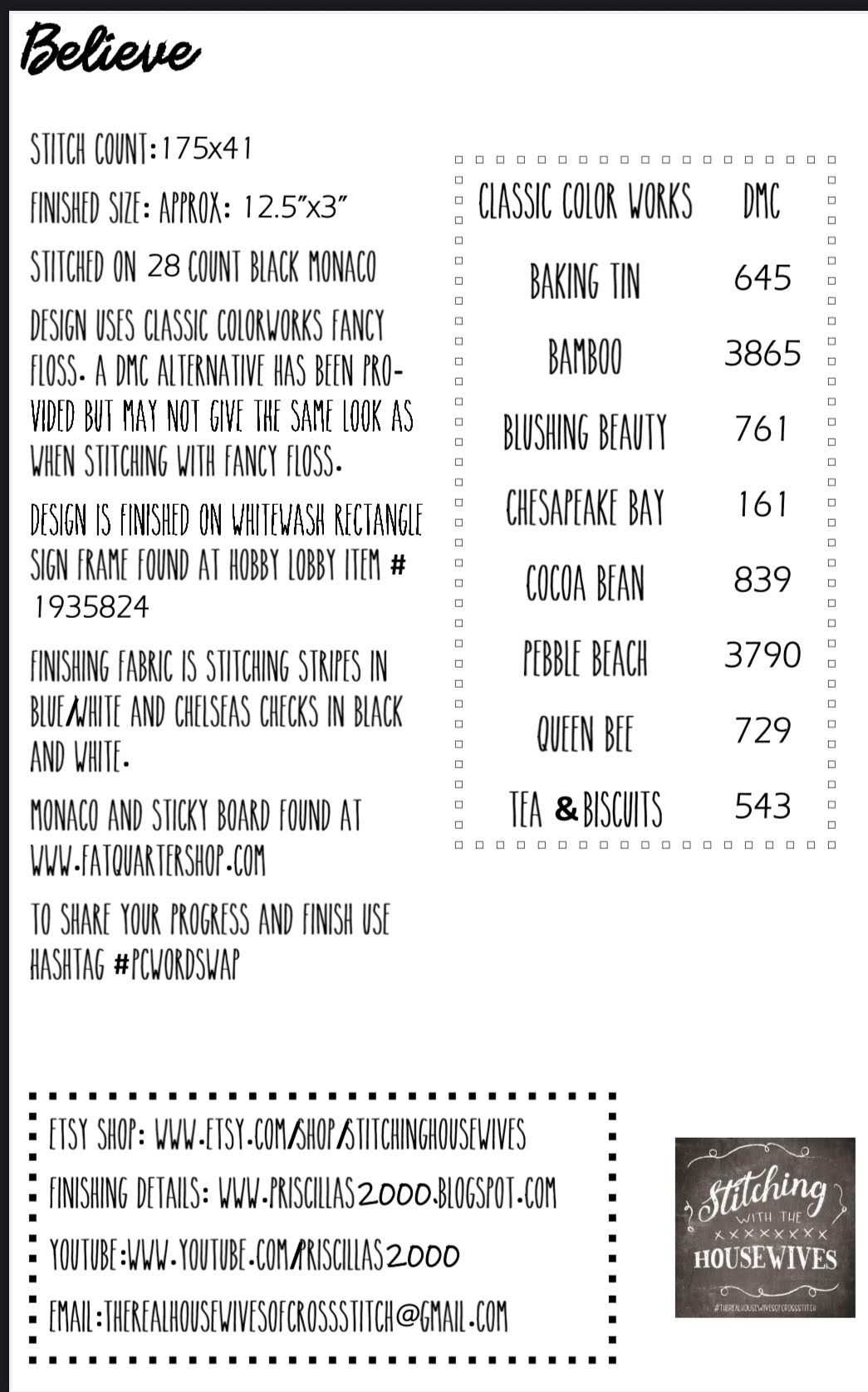 Believe Cross Stitch by Stitching with the Housewives - Paper Pattern