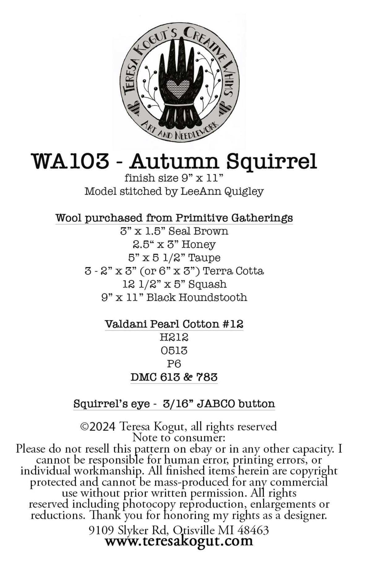 Autumn Squirrel Wool Applique by Teresa Kogut - Paper Pattern
