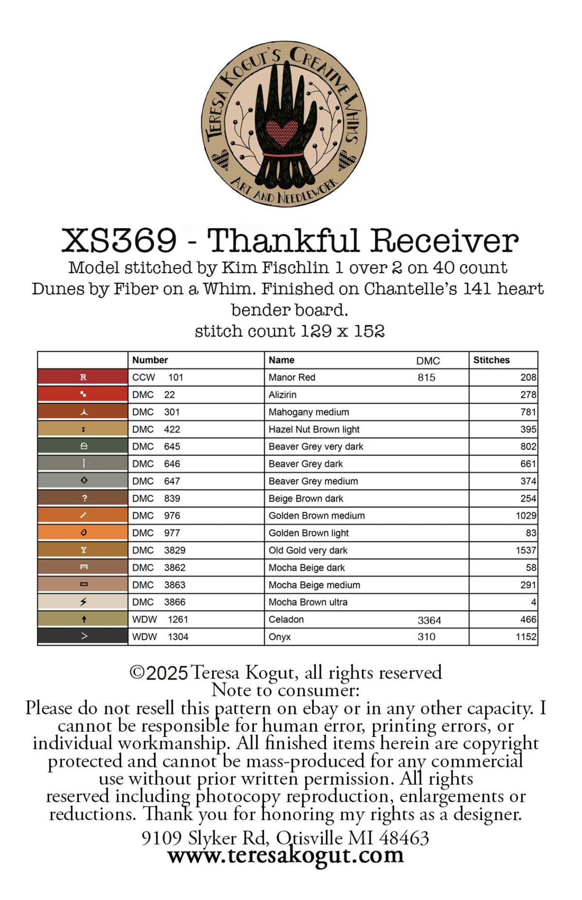 Thankful Receiver Cross Stitch by Teresa Kogut - Paper Pattern
