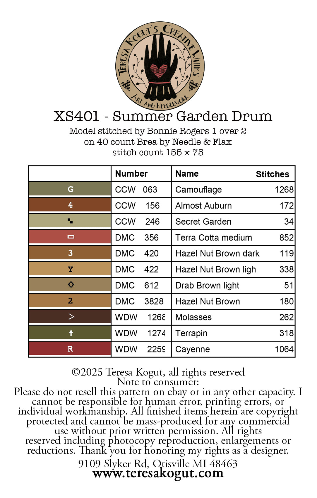 Summer Garden Drum Cross Stitch by Teresa Kogut - Paper Pattern