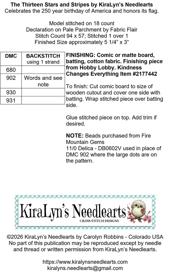 The Thirteen Stars and Stripes  Cross Stitch by KiraLyn's Needlearts - Paper Pattern