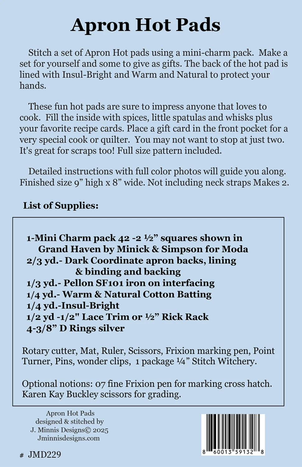 Apron Hot Pads Quilt Pattern by J. Minnis Designs - Paper Pattern
