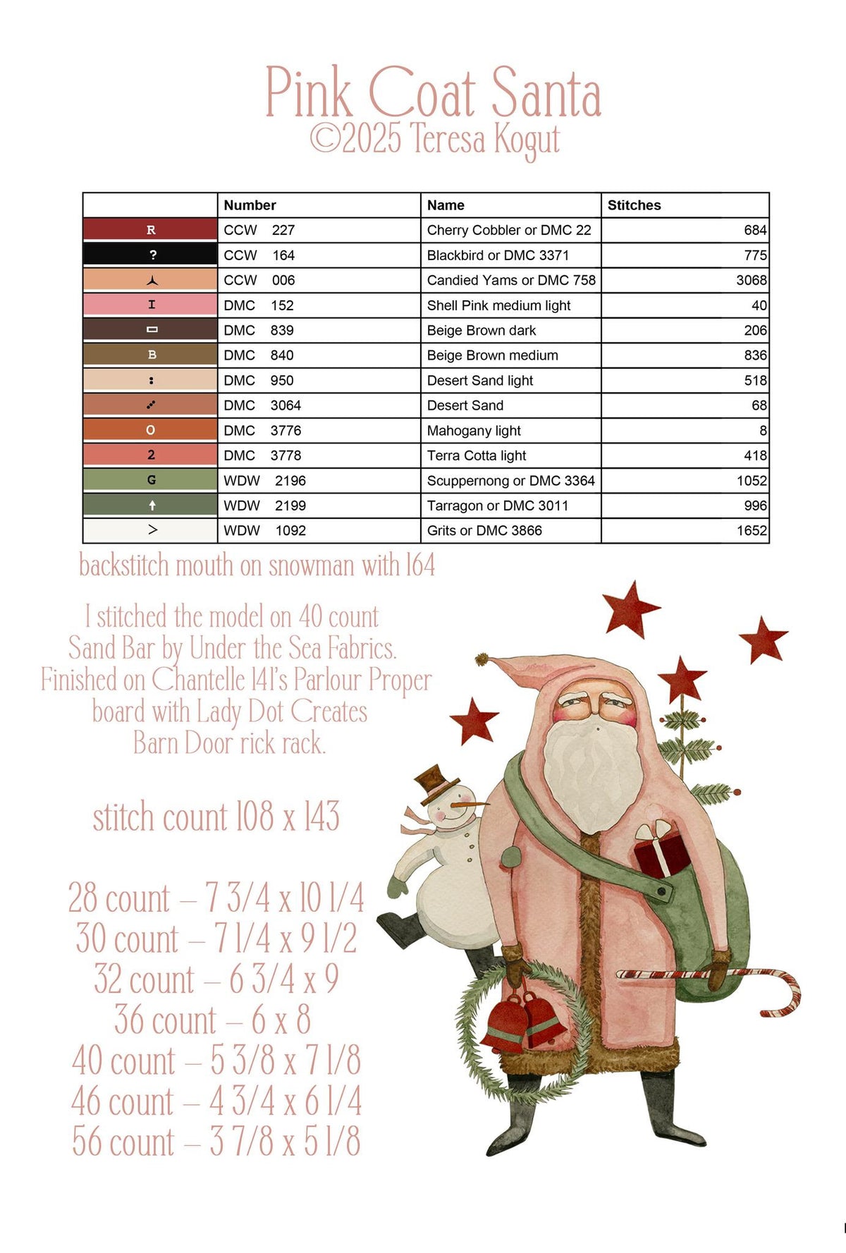Pink Coat Santa Cross Stitch by Teresa Kogut - Paper Pattern