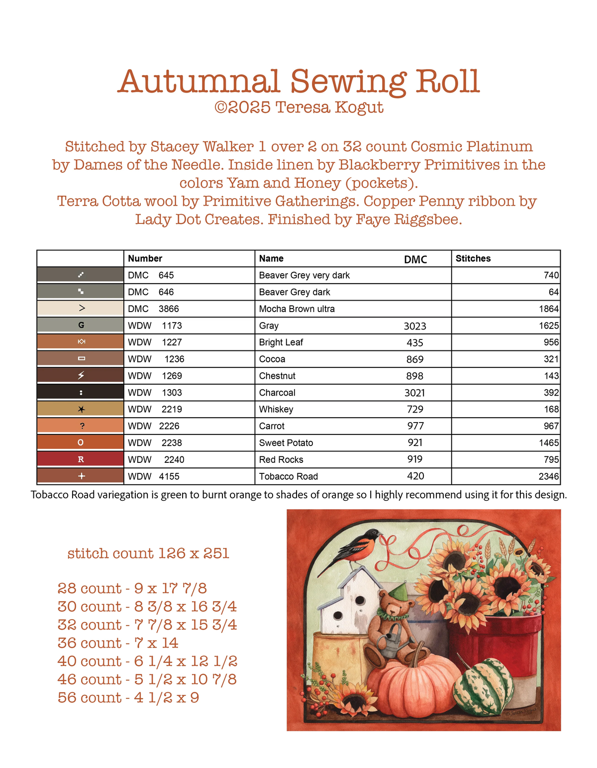 Autumnal Sewing Roll Cross Stitch by Teresa Kogut - Paper Pattern