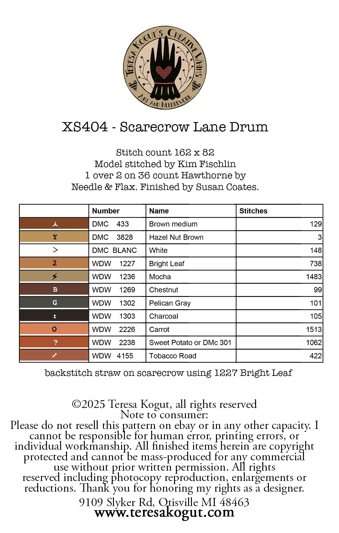 Scarecrow Lane Drum Cross Stitch by Teresa Kogut - Paper Pattern
