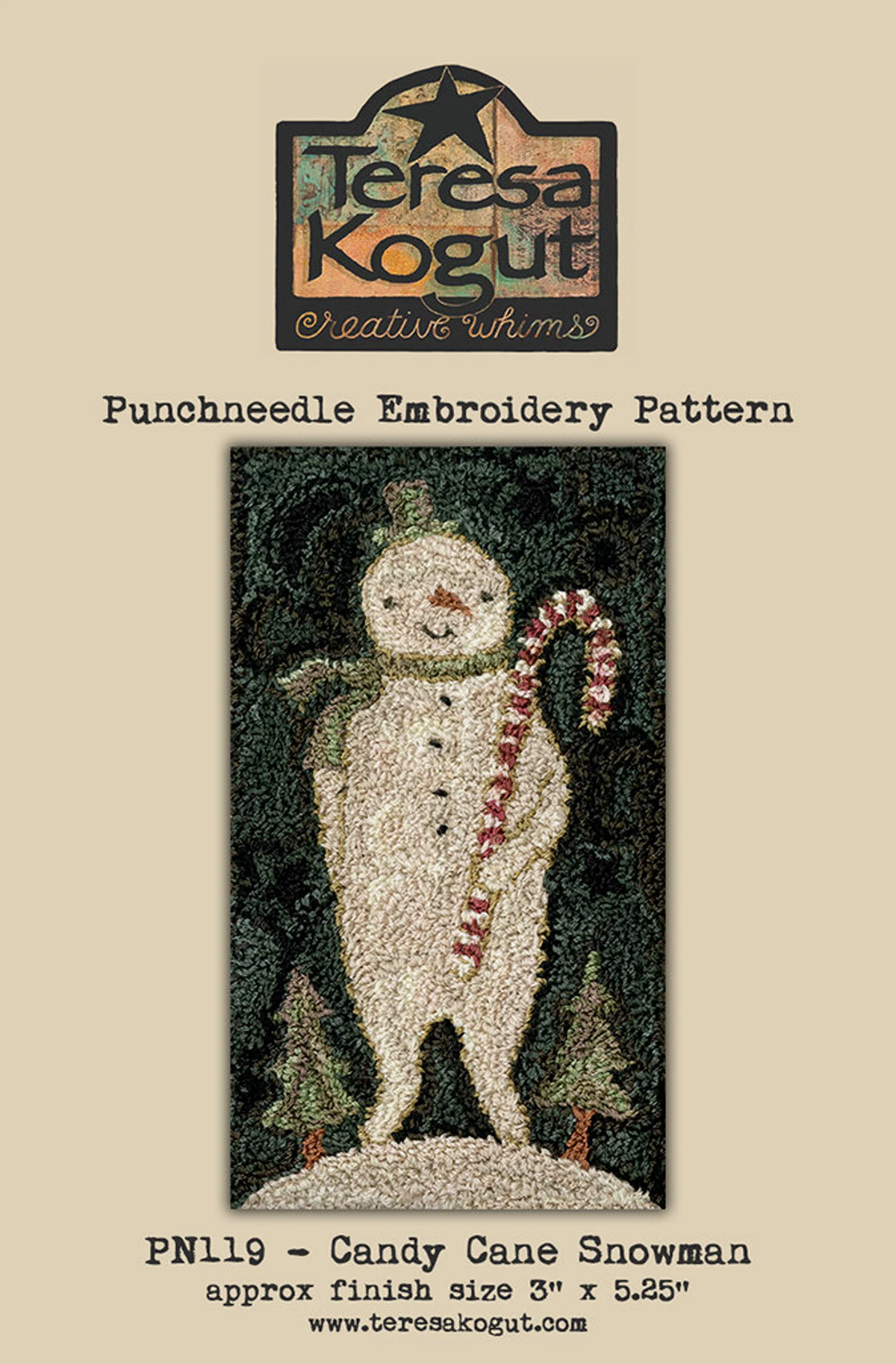 Candy Cane Snowman Punchneedle Embroidery by Teresa Kogut - Paper Pattern