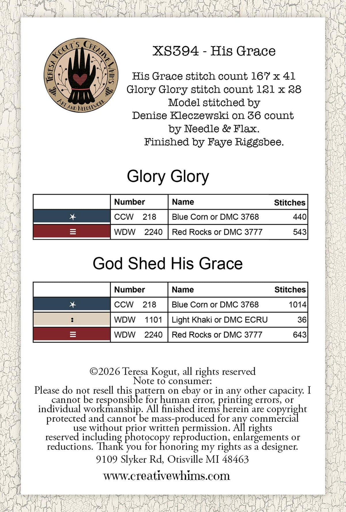 His Grace Cross Stitch by Teresa Kogut - Paper Pattern