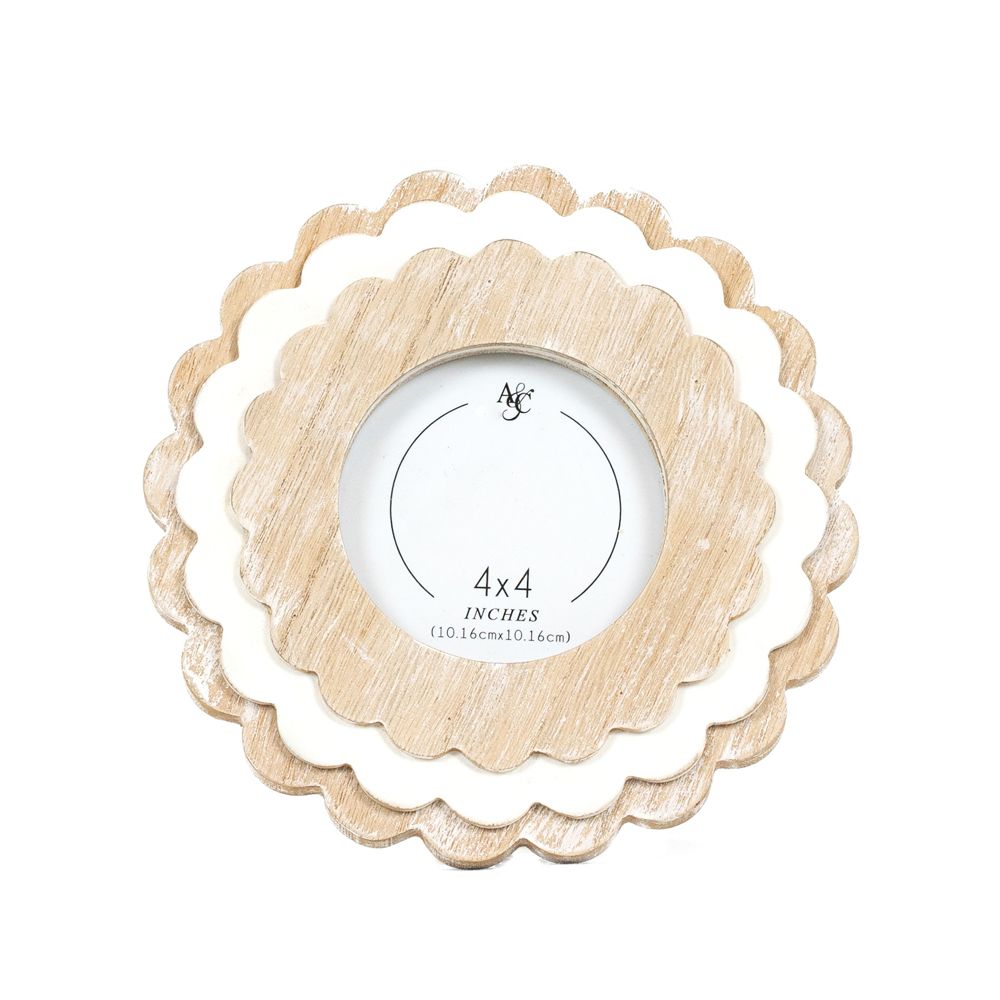 Round Scallop Frame White/Natural | Scalloped Collection | 8x8x1 photo frame (4x4)    12068