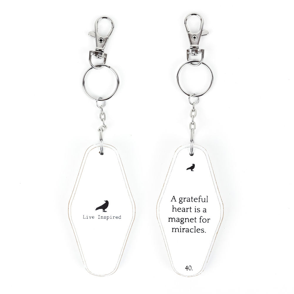 Grateful Heart Keychain | white, black | 3.5x1.7x.5 rvs wd