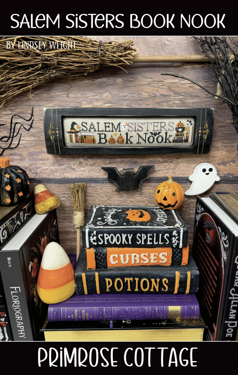 Salem Sisters Book Nook Cross Stitch by Lindsey Weight of Primrose Cottage - PAPER Pattern