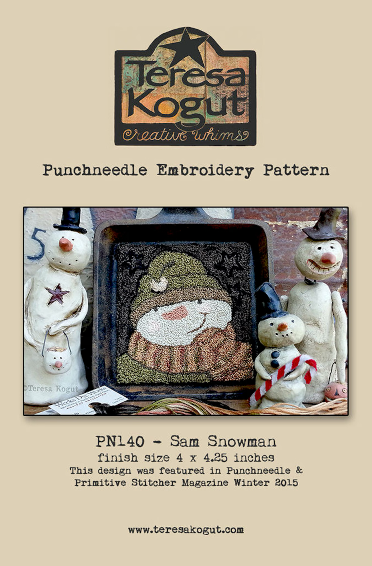 Sam Snowman Punchneedle Embroidery by Teresa Kogut - Paper Pattern