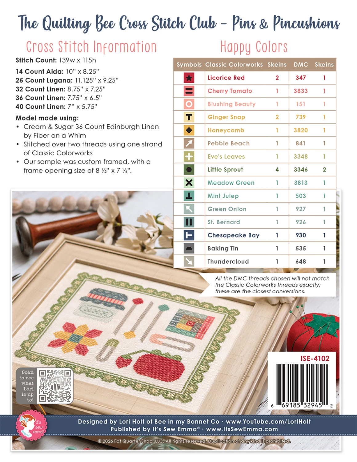 The Quilting Bee Cross Stitch Club: Pins & Pincushions Cross Stitch by Lori Holt of Bee in My Bonnet Co. - Paper Pattern