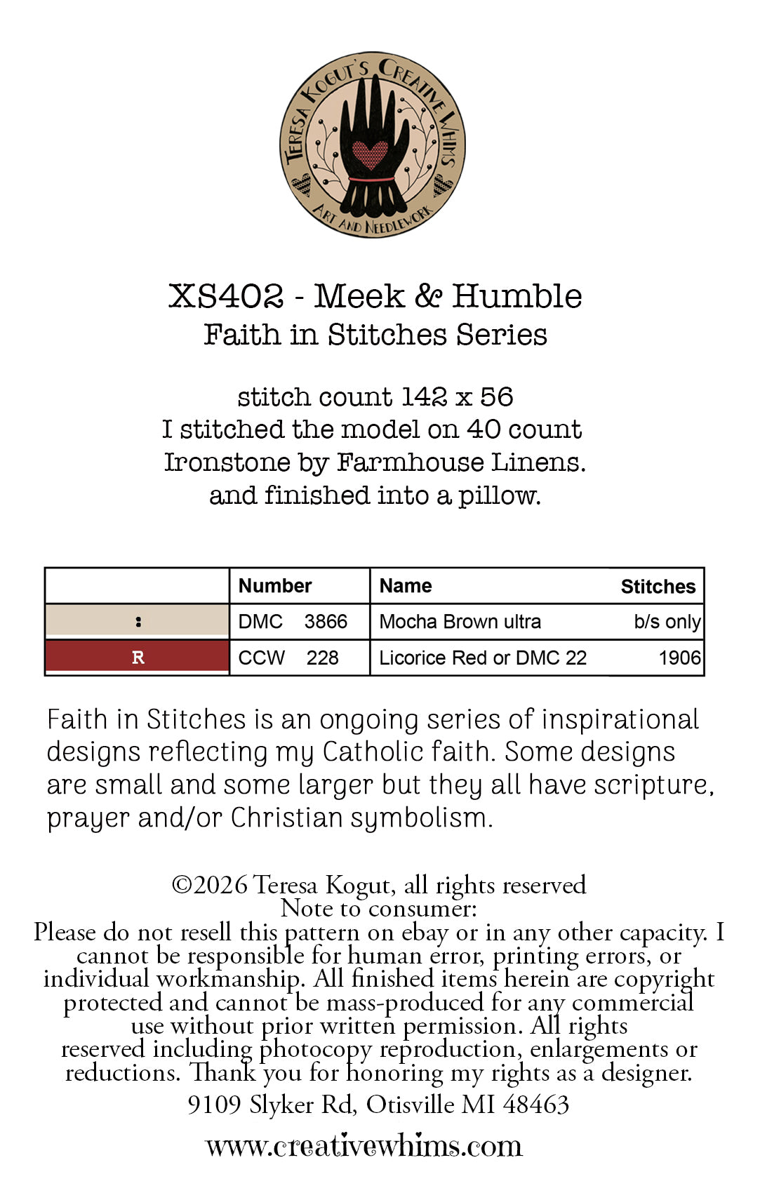 Meek & Humble Cross Stitch by Teresa Kogut - Paper Pattern