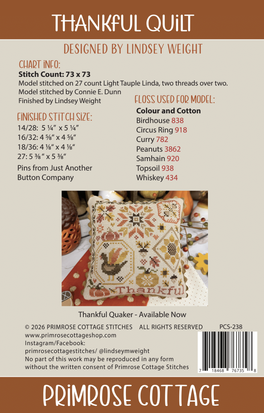 Thankful Quilt Cross Stitch by Lindsey Weight of Primrose Cottage - PAPER Pattern