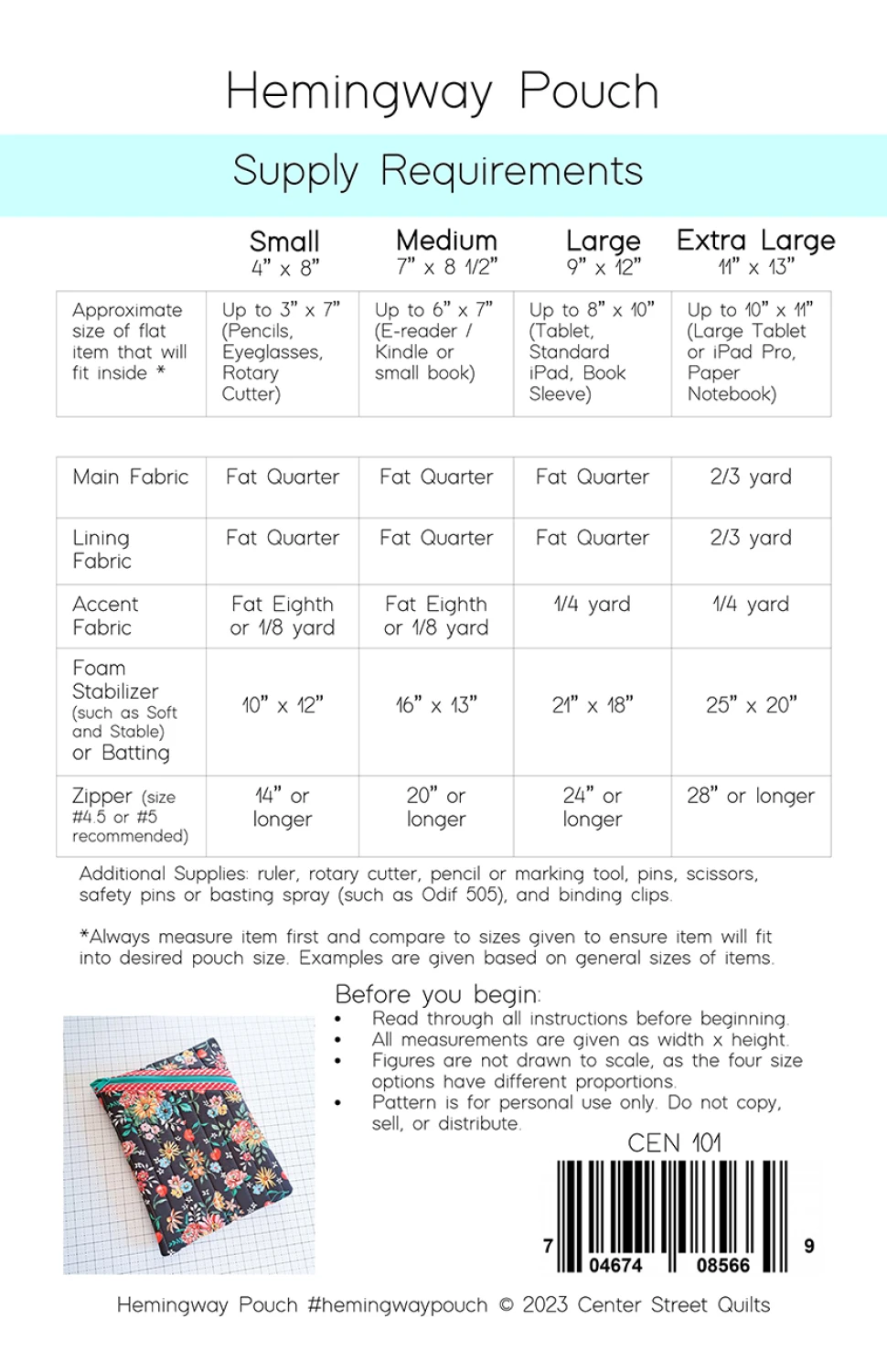 Hemingway Pouch Quilt Pattern by Center Street Quilts - Paper Pattern