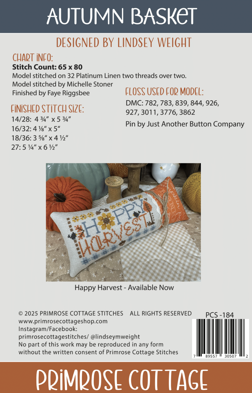 Autumn Basket Cross Stitch by Lindsey Weight of Primrose Cottage - PDF Pattern
