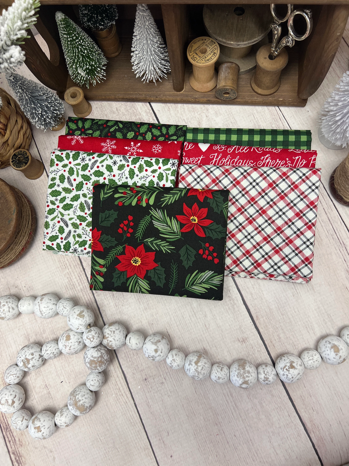 Red, Green, &amp; Black Holly Christmas Bundle - 7 Fat Quarters Curated by Primrose Cottage FQB-111