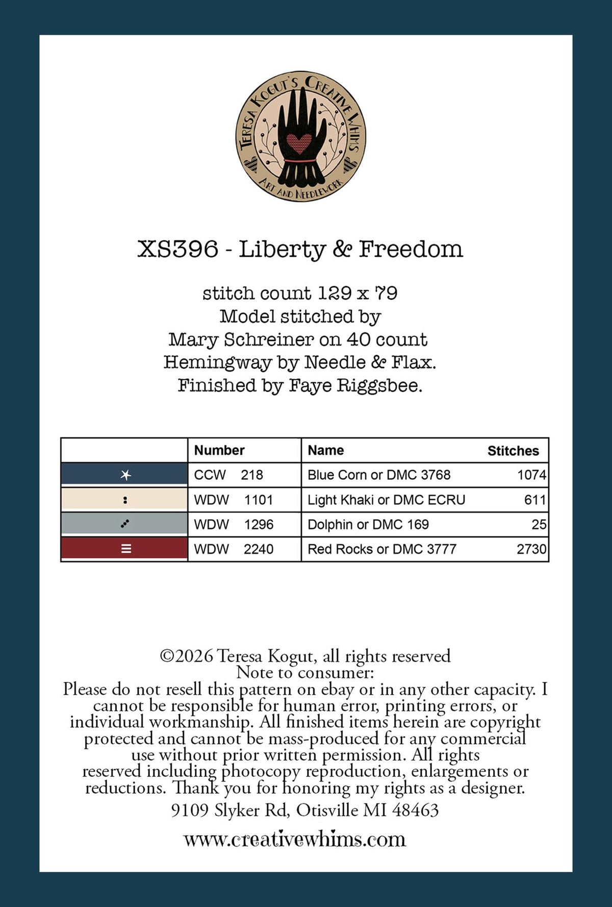 Liberty & Freedom Cross Stitch by Teresa Kogut - Paper Pattern