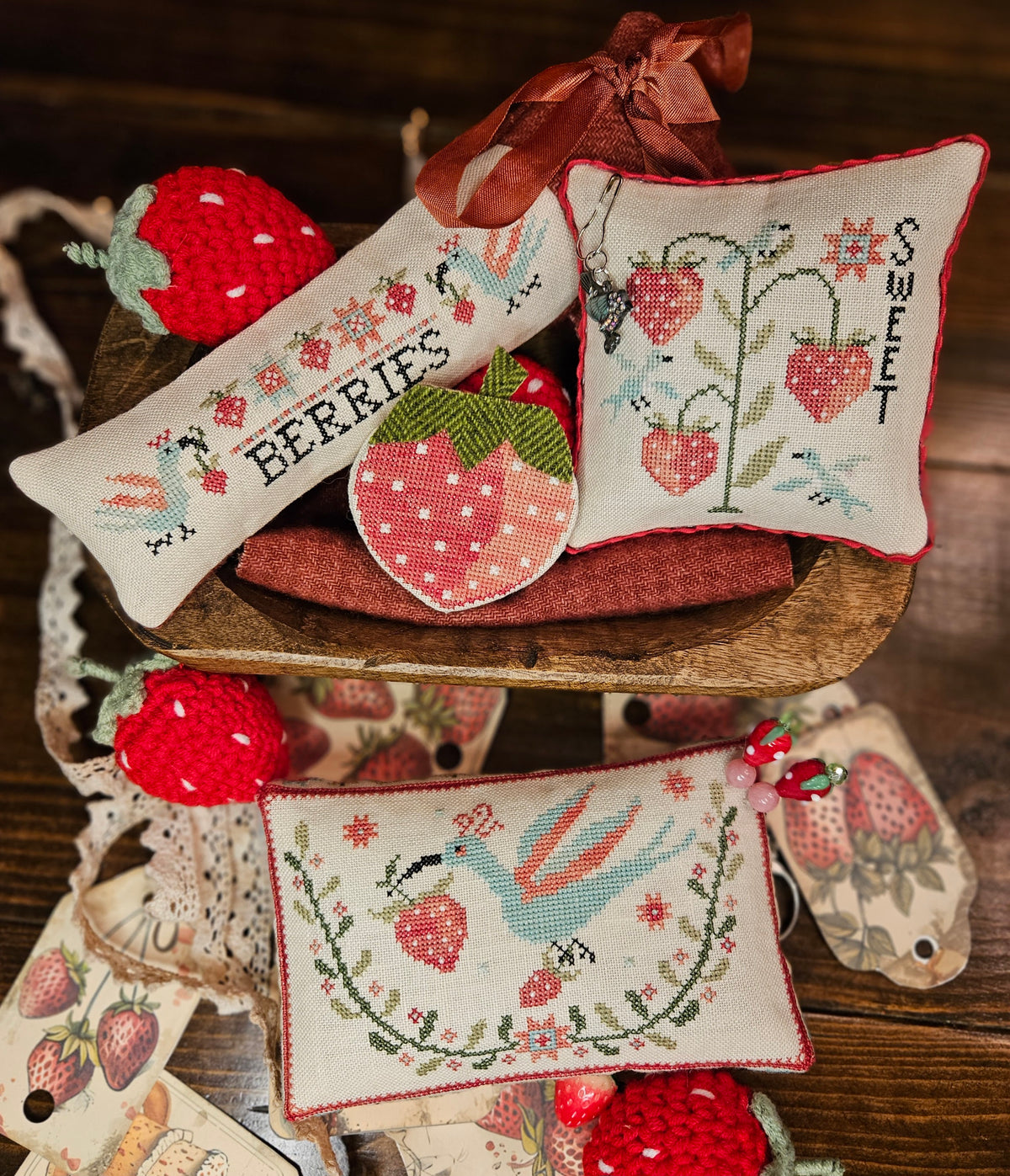 Pre-Order - Strawberry Thieves Pin Keeps Cross Stitch by Quaint Rose NeedleArts - Paper Pattern