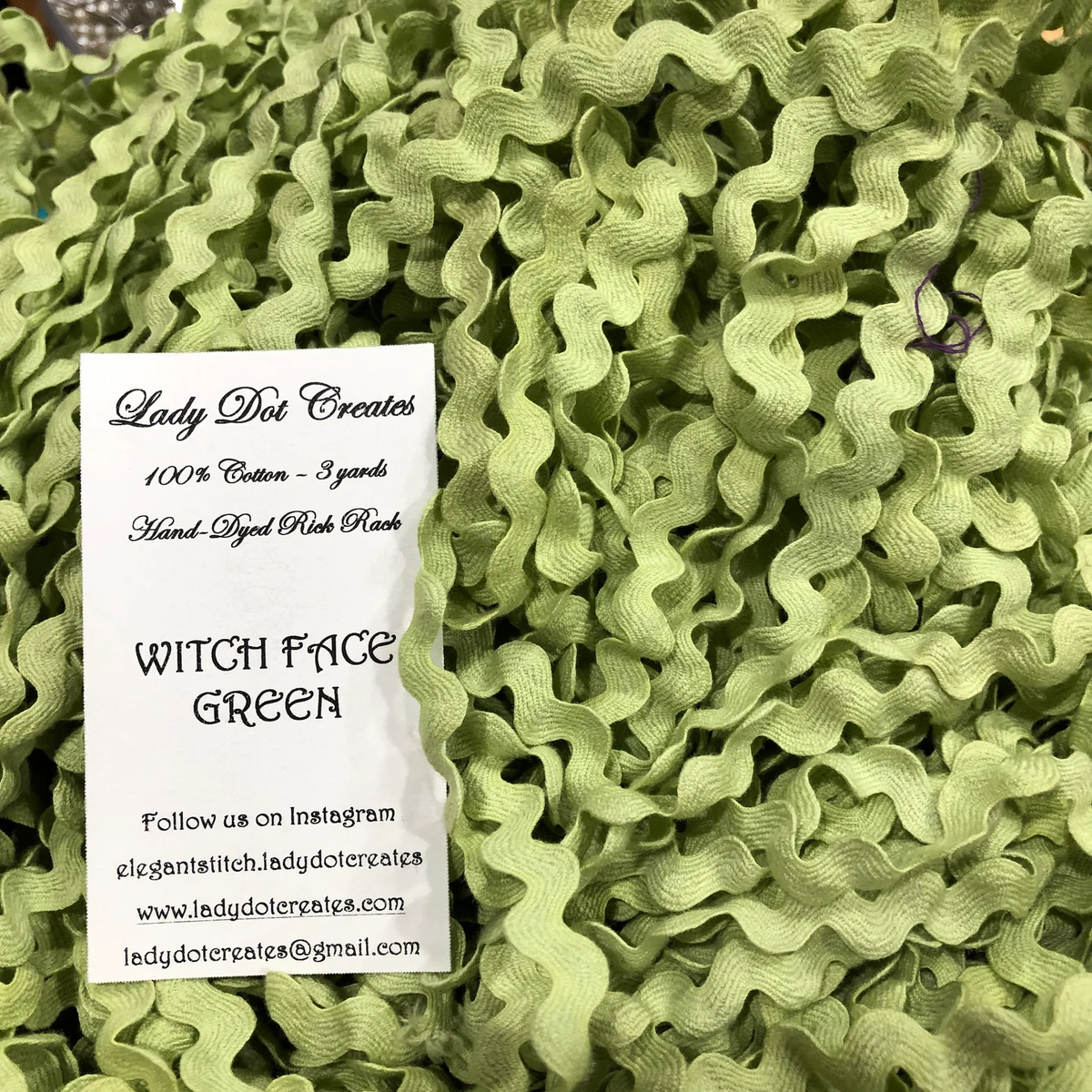 Ric Rac Trim - Witch Face Green Hand-Dyed 100% Cotton Half Inch by Lady Dot Creates