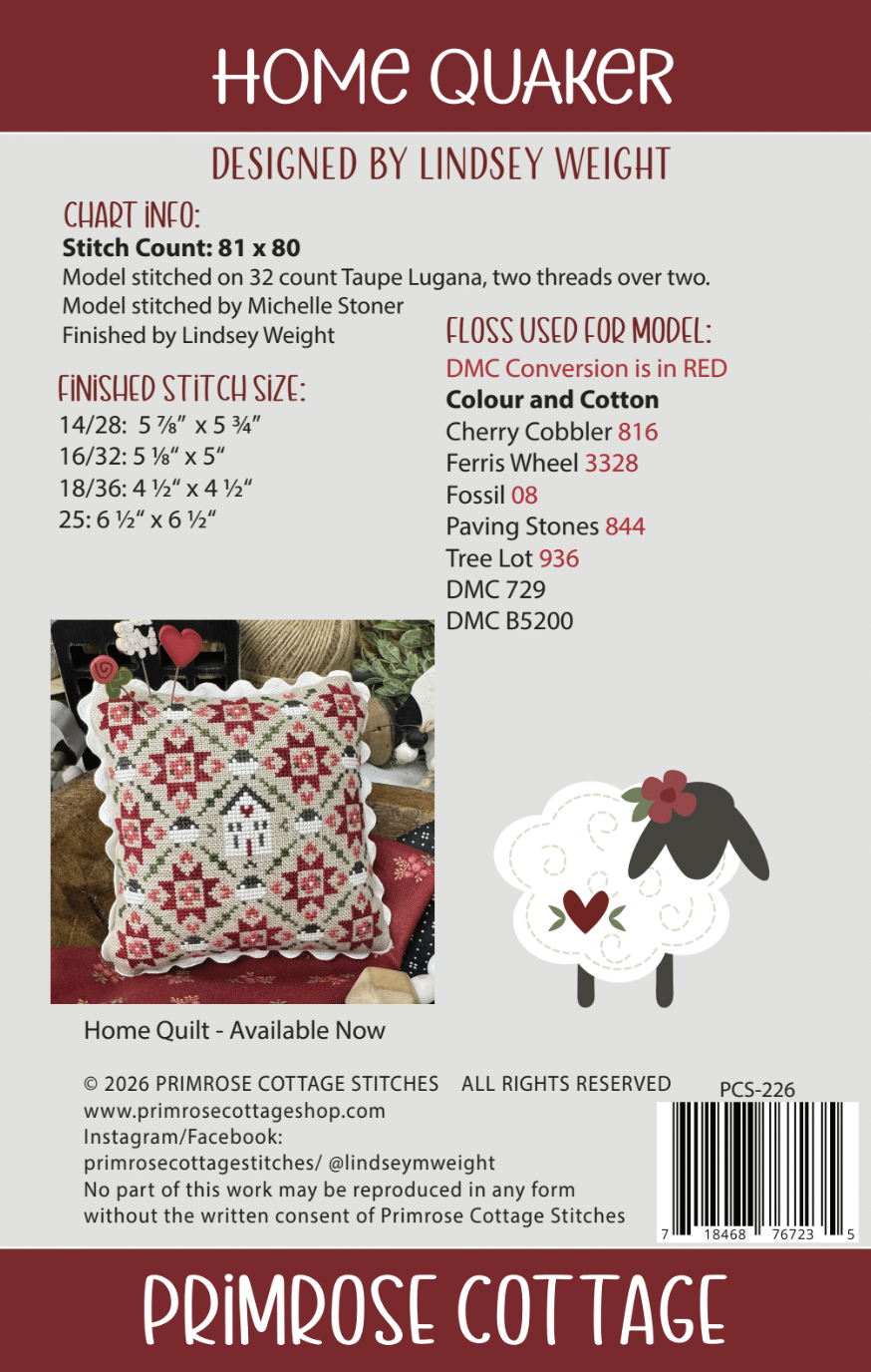 Home Quaker Cross Stitch by Lindsey Weight of Primrose Cottage - PDF Pattern