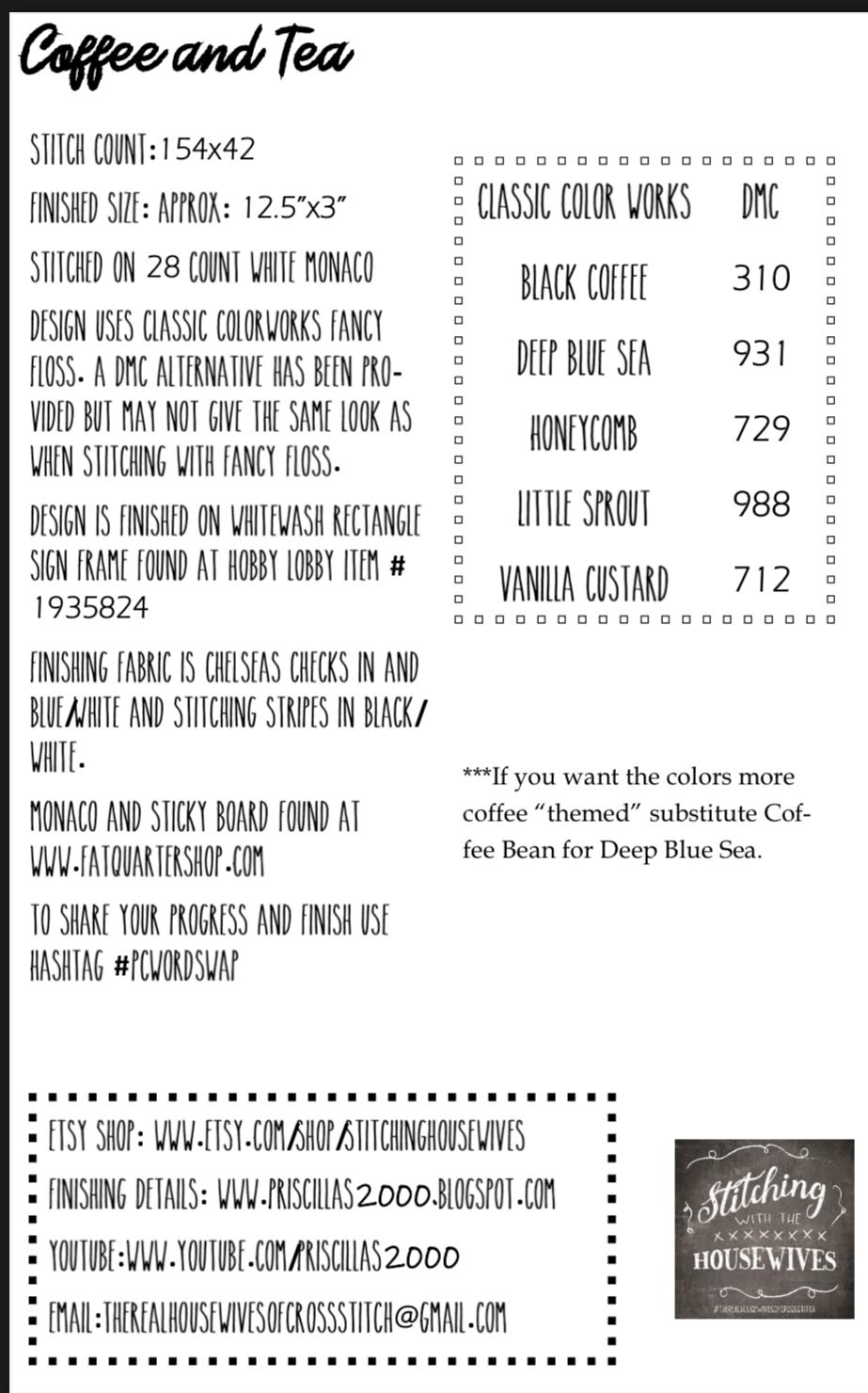 Coffee and Tea Cross Stitch by Stitching With The Housewives - Paper Pattern