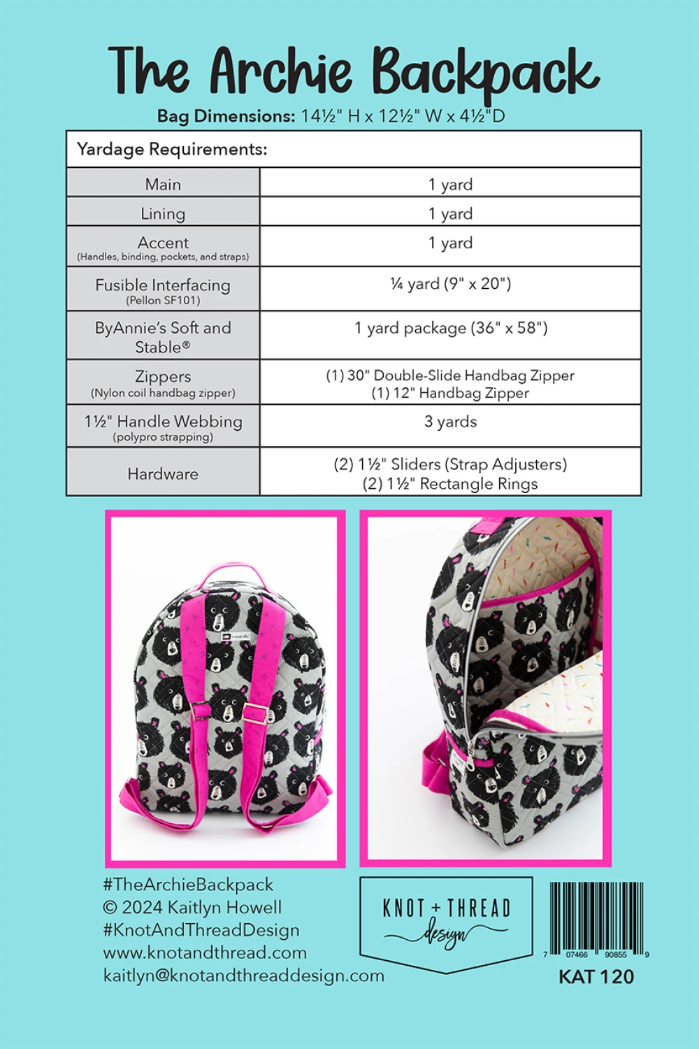 The Archie Backpack Quilt Pattern by Knot + Thread Designs - Paper Pattern