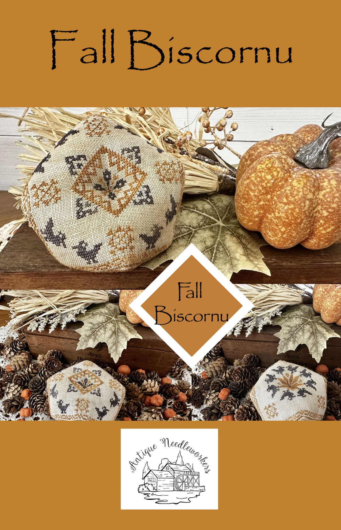 Fall Biscornu Cross Stitch by Antique Needleworkers - Paper Pattern