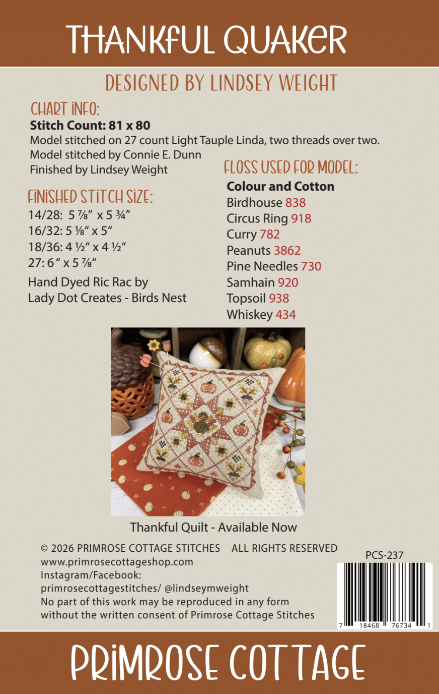 Thankful Quaker Cross Stitch by Lindsey Weight of Primrose Cottage - PAPER Pattern