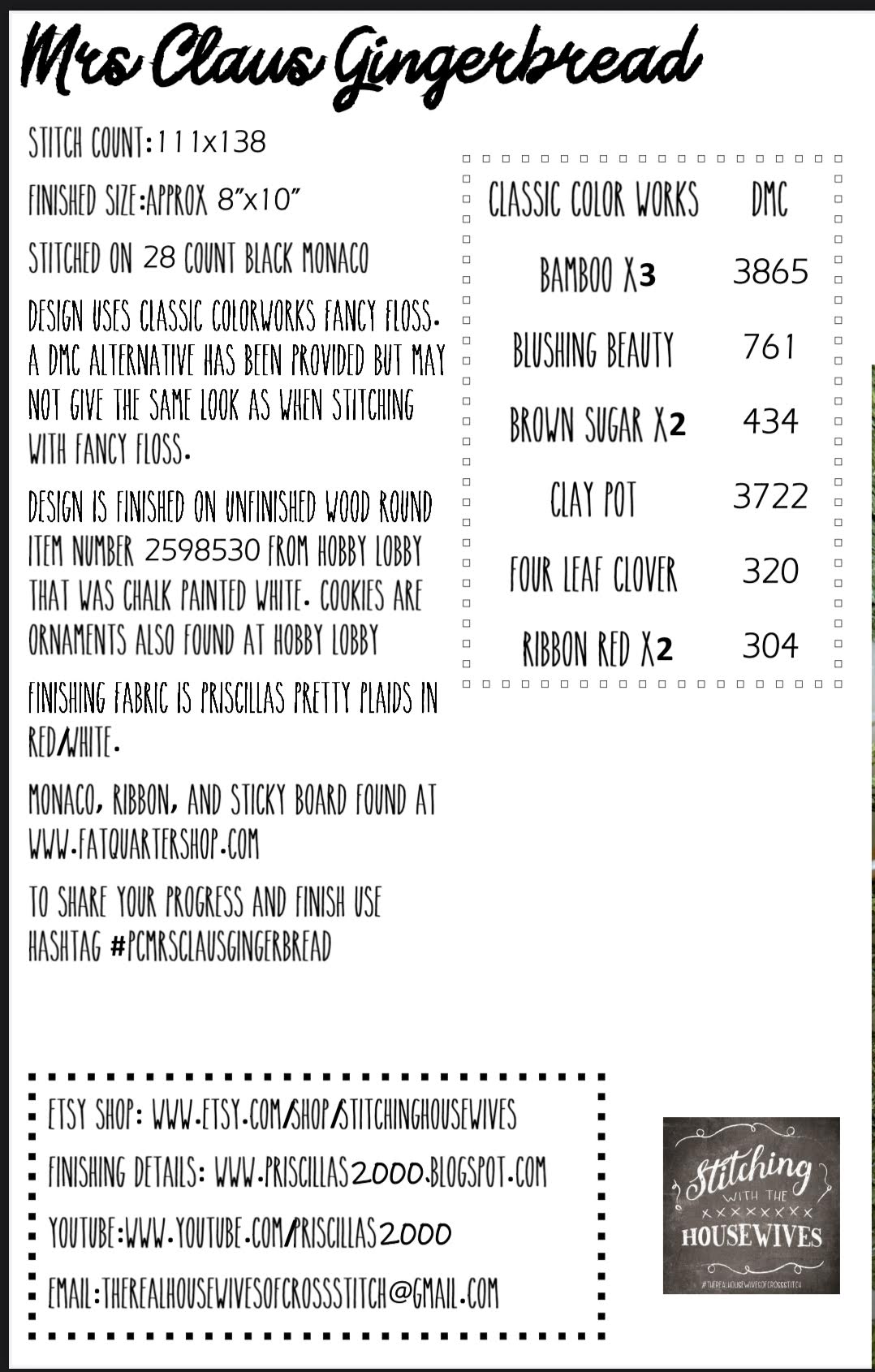 Mrs. Claus Gingerbread Cross Stitch by Stitching with the Housewives - Paper Pattern