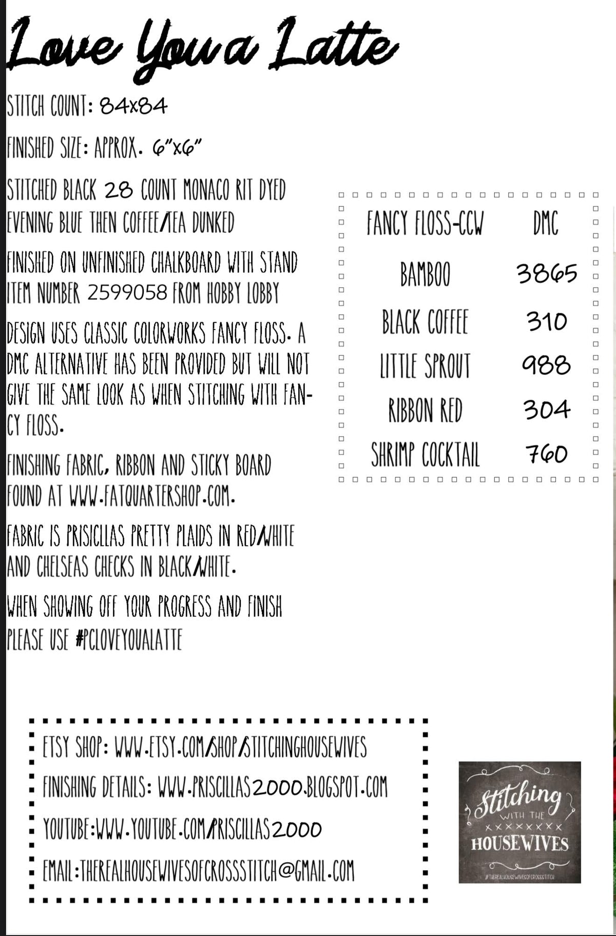 Love You a Latte Cross Stitch by Stitching With The Housewives - Paper Pattern