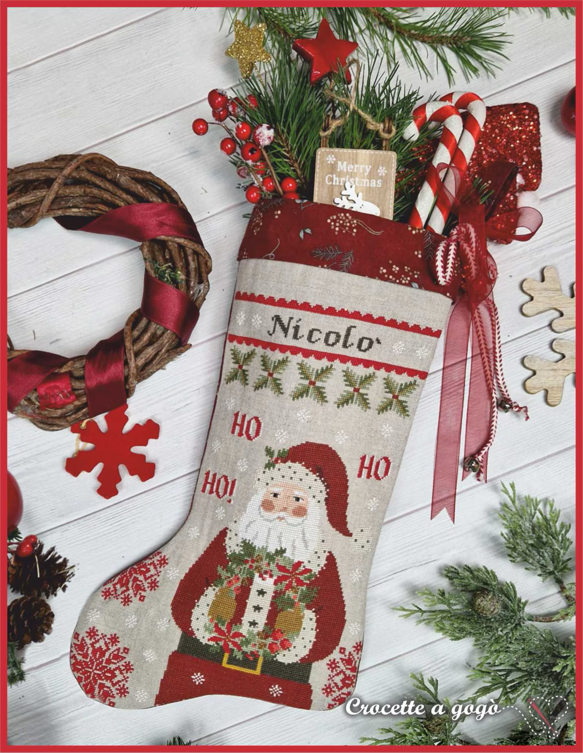 Ho Ho Ho Christmas Stocking 2024 Cross Stitch by Crocette A Gogò - Paper Pattern