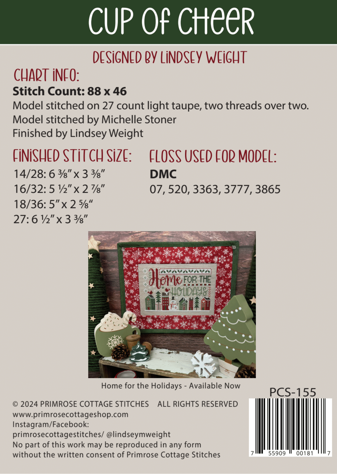 Cup of Cheer Cross Stitch by Lindsey Weight of Primrose Cottage - PDF Pattern