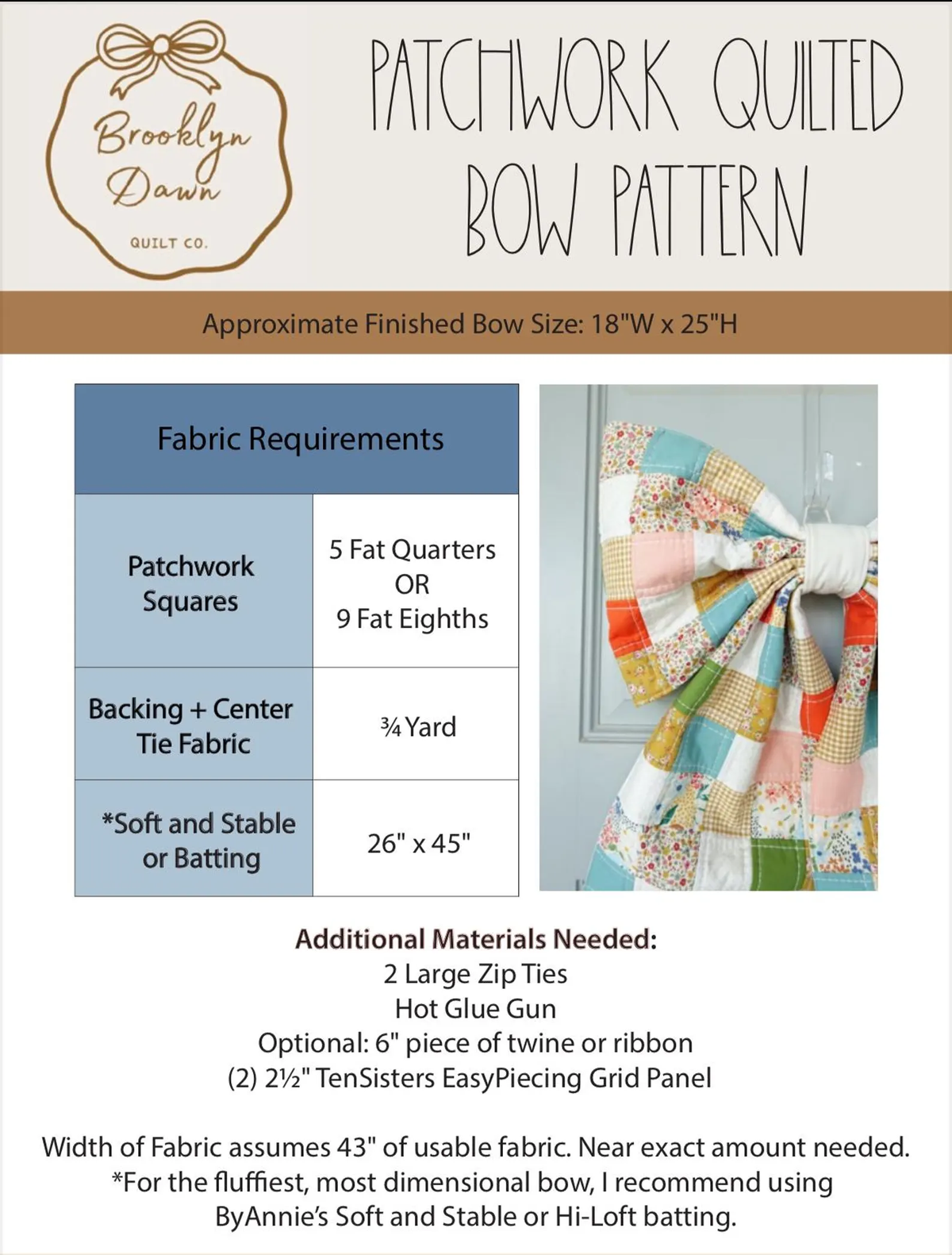 Patchwork Quilted Bow Pattern by Brooklyn Dawn Quilt Co. - Paper Pattern