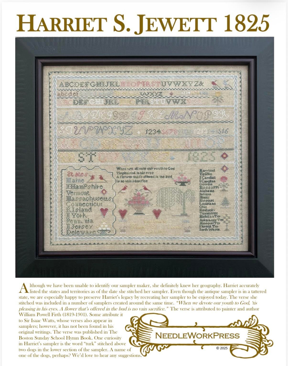 PRE-ORDER - America 1825 - Harriet S. Jewett Cross Stitch by NeedleWorkPress - Paper Pattern