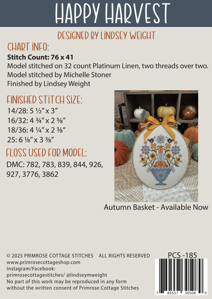 Happy Harvest Cross Stitch by Lindsey Weight of Primrose Cottage - PDF Pattern